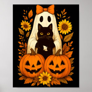 Poster Fantasma de Halloween Fofo Vintage Segurando Gato 