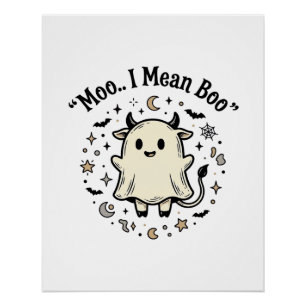 Pôster Fantasma de Vaca Fofa Halloween Moo Boo Design Vin