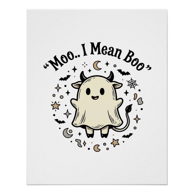 Pôster Fantasma de Vaca Fofa Halloween Moo Boo Design Vin (Frente)