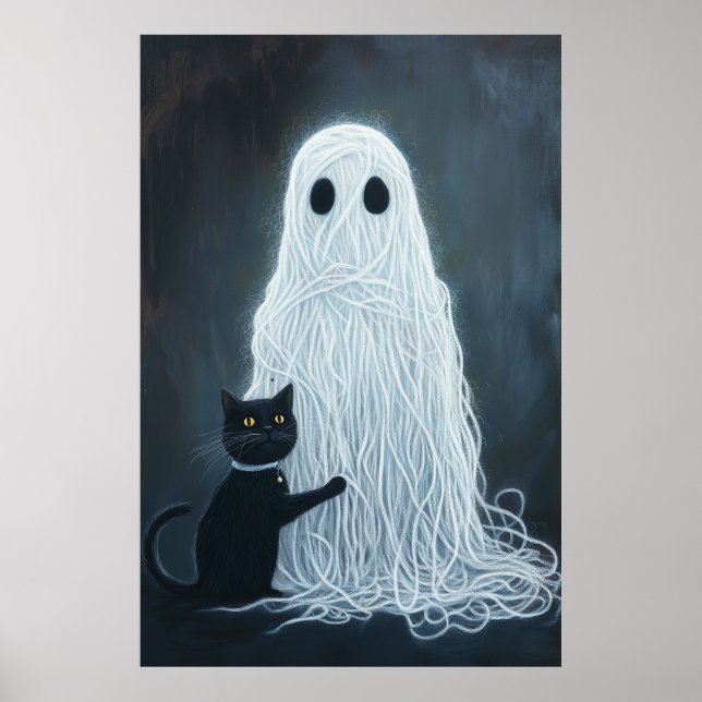 Poster Fantasma do Halloween coberto em Yarn e Gato Negro (Frente)