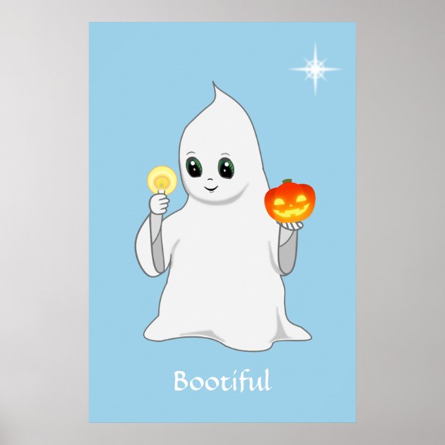 Poster Fantasma e Abóbora de Halloween Fofos em Azul Clar (Frente)