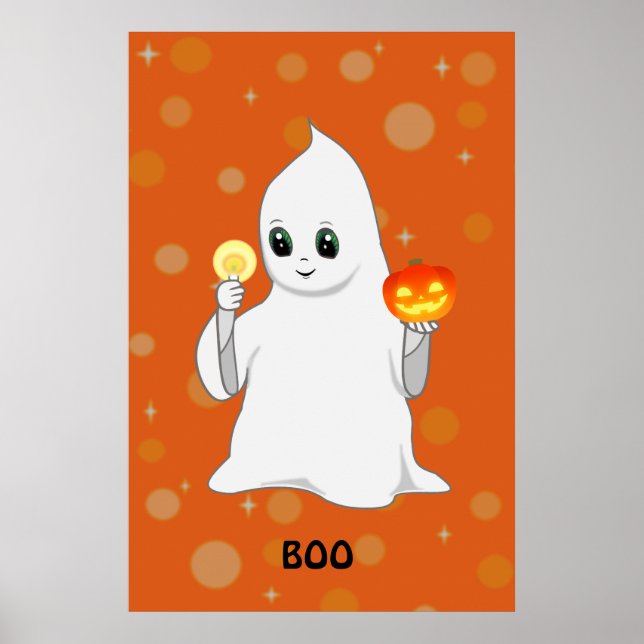 Poster Fantasma e Abóbora de Halloween Fofos em Laranja (Frente)