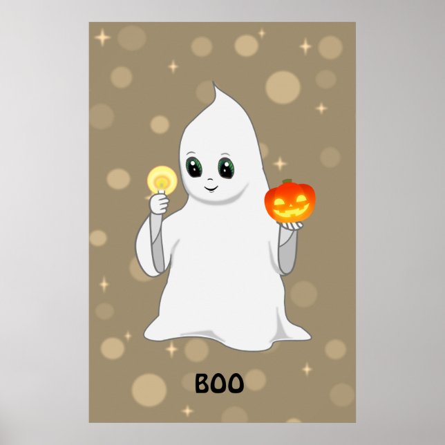 Poster Fantasma e Abóbora do Dia das Bruxas em Beige (Frente)