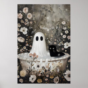 Poster Fantasma e gato preto toma um banheiro impresso, e
