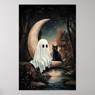 Poster Fantasma e gato preto voando em uma lua em sombrio