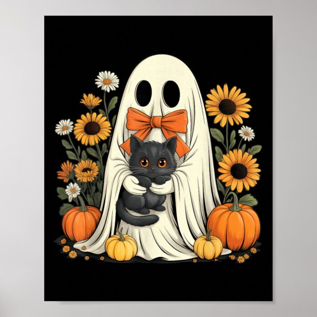 Poster Fantasma Fofo Com Abóbora De Halloween De Gato Pre (Frente)