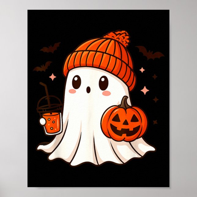 Poster Fantasma Fofo com Boné Segurando Café de Abóbora (Frente)