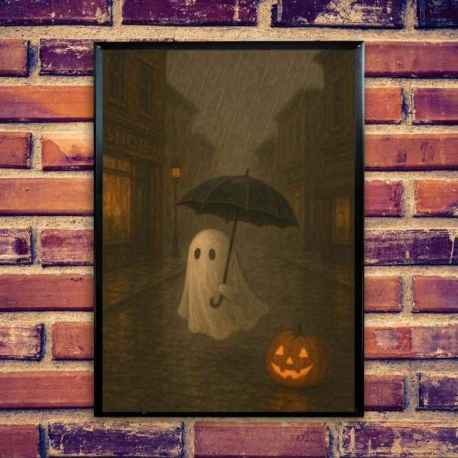 Poster Fantasma Fofo com Guarda-chuva | Halloween Dark Ac (Cute ghost in the rain, spooky halloween scene, umbrella, dark academis design, jack o lantern.)