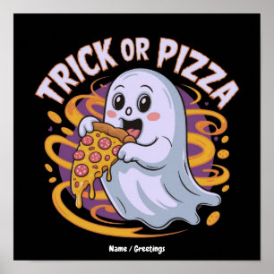 Poster Fantasma Fofo Comendo Pizza Diversão Assustadora T