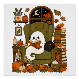 Pôster Fantasma Fofo Lendo Livro Gato Preto Outono Abóbor