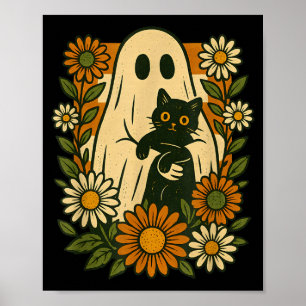 Poster Fantasma Fofo Segurando Gato Preto Floral Groovy D