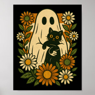 Poster Fantasma Fofo Segurando Gato Preto Floral Groovy E