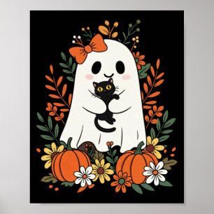 Poster Fantasma Fofo Vintage Com Gato Preto E Abóboras