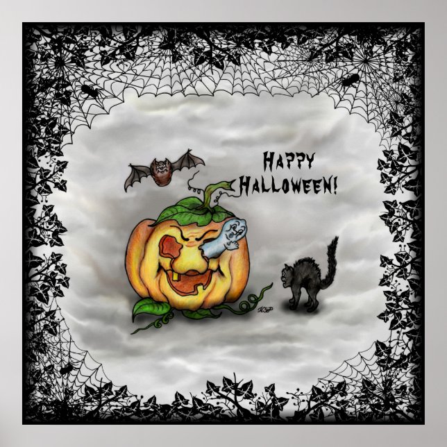 Poster Fantasma, Gato, Bat e Pumpkin, Feliz Halloween! (Frente)