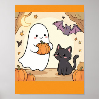 Poster Fantasma Kawaii Assustador Diversão com Gato Preto