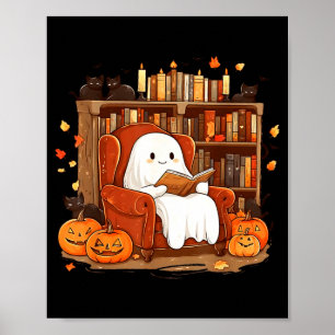 Poster Fantasma Lendo Livro Com Gato Preto Fofo Halloween