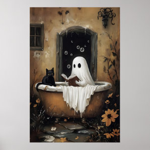 Poster Fantasma lendo livro e gato preto tomando banho