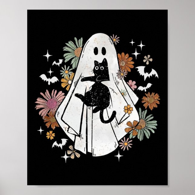 Poster Fantasma Segurando Gato Negro Groovy Floral Hallow (Frente)