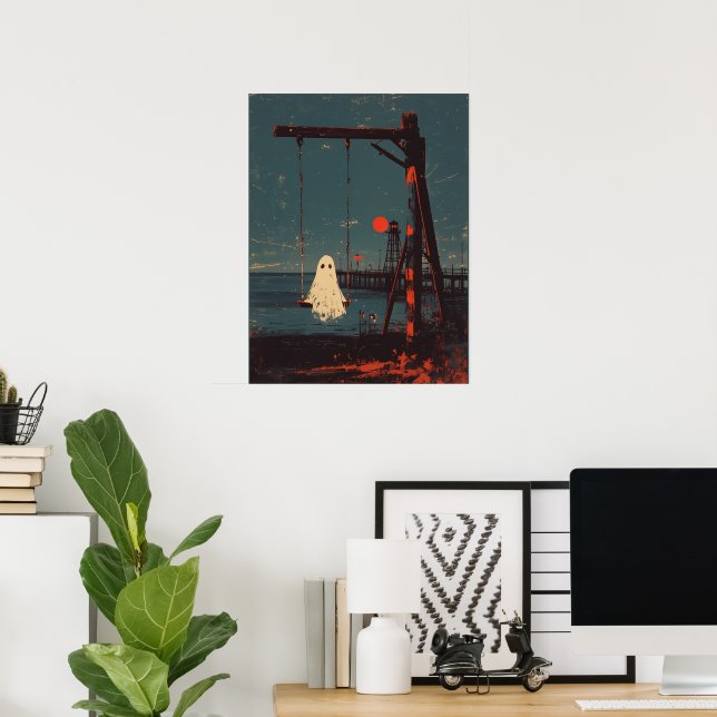 Poster Fantasma Solitário no Balanço à Beira-Mar (Escritório em casa)