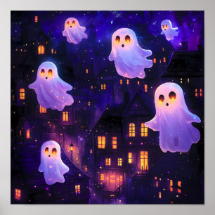 Poster Fantasmas de Voo de Cartoon no Halloween Meia-Noit
