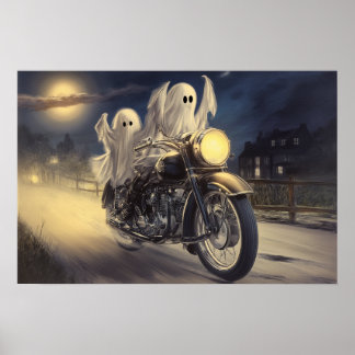 Poster Fantasmas divertidos na motocicleta Vintage, Moonl
