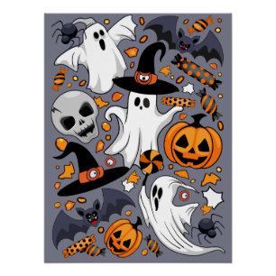 Pôster Fantasmas Spooky e Monstros Cute Assustadores