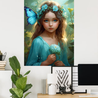 Poster Fantástica Linda Cyan Green Fairy Girl