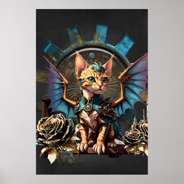 Poster Fantástico gato steampunk de fantasia. (Frente)