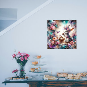 Pôster Fantasy Art Purple Teal Watercolor Bunny Tea Party