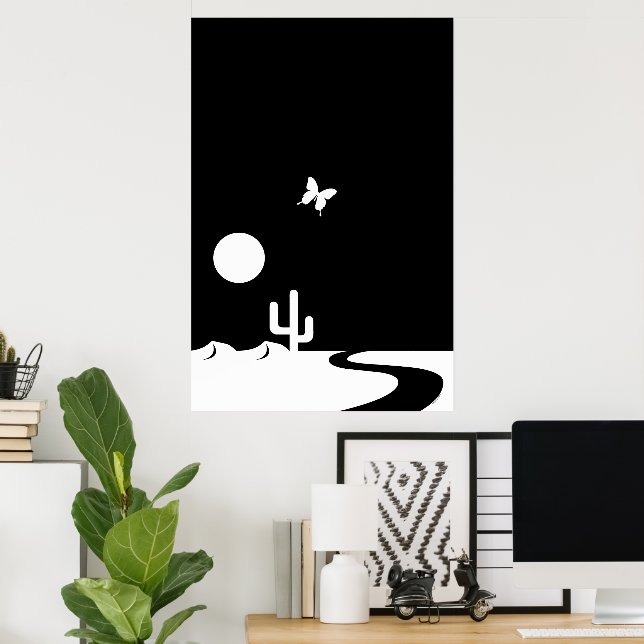 Poster Fantasy Black/White Moonlight Butterfly Desert (Escritório em casa)