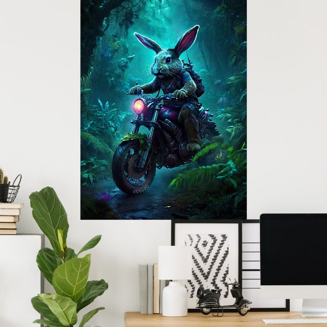 Poster Fantasy Bunny Rabbit Em Moto (Escritório em casa)