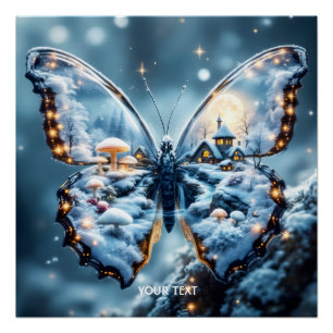 Pôster Fantasy Cogumelos de borboleta fofa Inverno