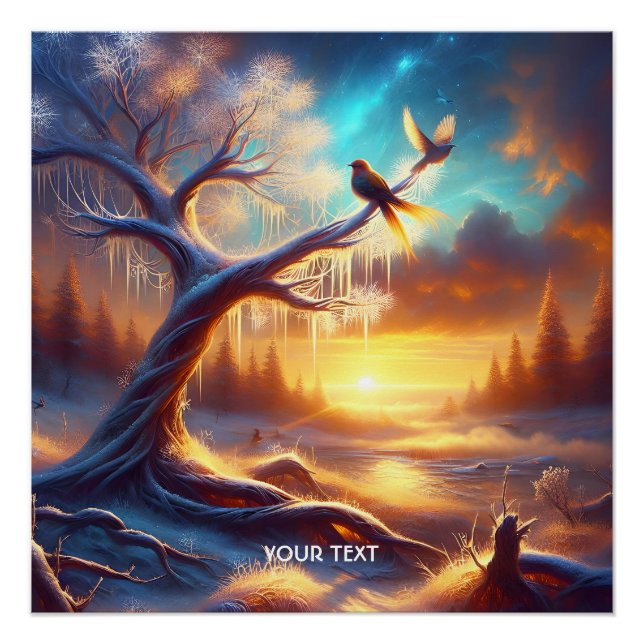 Pôster Fantasy Cute Birds Sunset Tree (Frente)