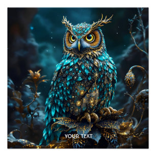 Pôster Fantasy Cute Brass Turquoise Owl