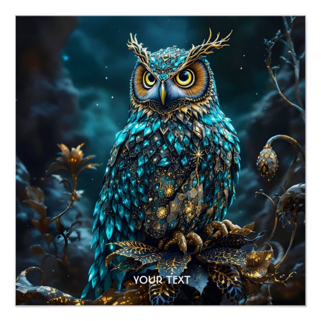 Pôster Fantasy Cute Brass Turquoise Owl (Frente)