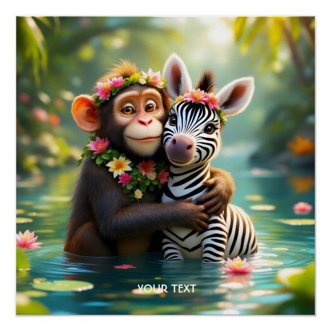 Pôster Fantasy Cute Monkey Zebra Hug (Frente)