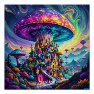 Pôster Fantasy Cute Mushroom Rainbow Skies