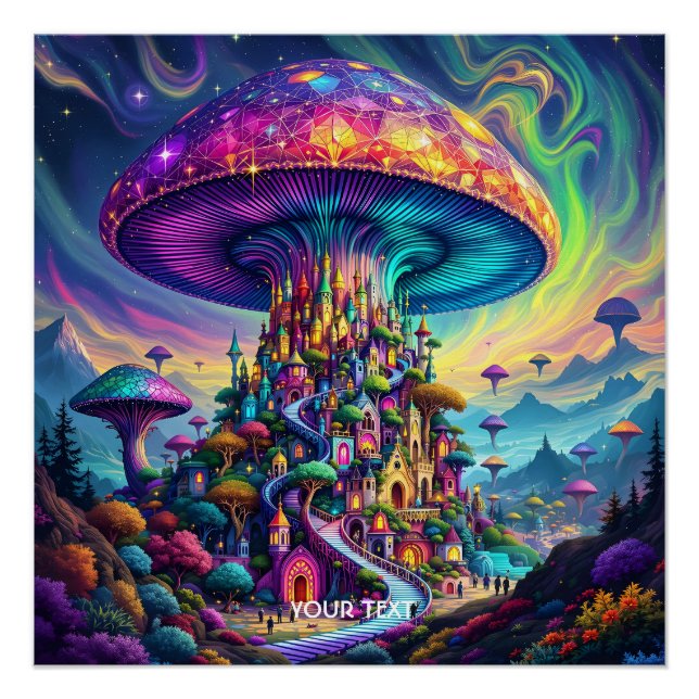 Pôster Fantasy Cute Mushroom Rainbow Skies (Frente)