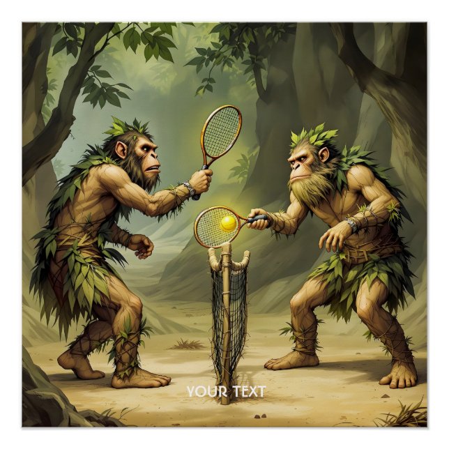 Pôster Fantasy Cute Neandertals Playing Tennis (Frente)