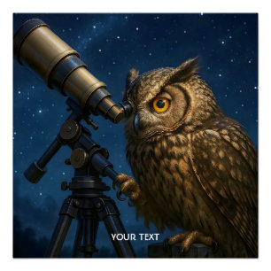 Pôster Fantasy Cute Owl Telescope Night