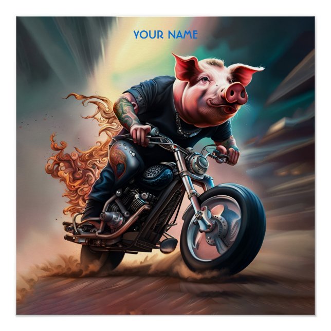 Pôster Fantasy Cute Pig Riding Bike (Frente)