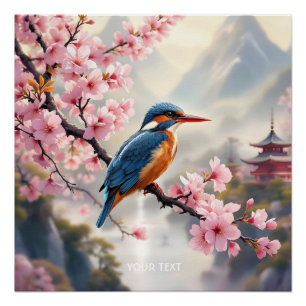 Pôster Fantasy Cute Sakura Bird Blue
