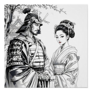 Pôster Fantasy Cute Samurai Geisha Pencil