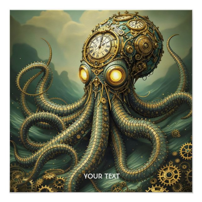 Pôster Fantasy Cute Steampunk Clock Kraken (Frente)