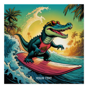 Pôster Fantasy Cute Vivid Surfing Crocodilo Wave