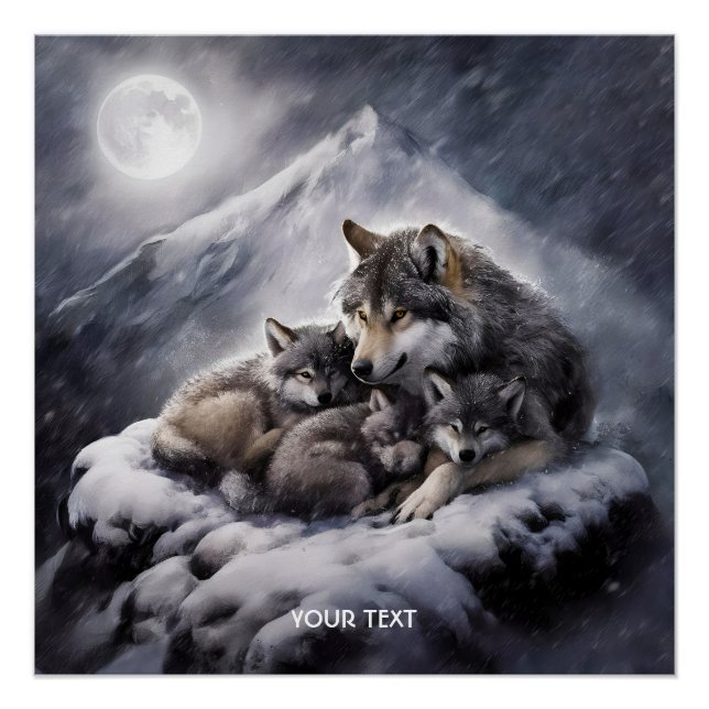 Pôster Fantasy Cute Wolf Family Winter (Frente)