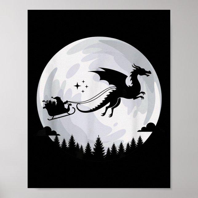 Poster Fantasy Dragon Moon Sleigh, Santa Pulled By Dragon (Frente)