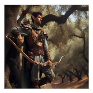 Pôster Fantasy Elf Archer Descansa na Floresta de Carvalh
