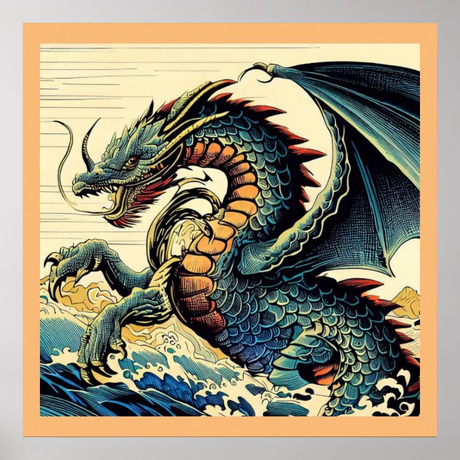 Poster Fantasy European Dragon - Woodcut 4 (Frente)