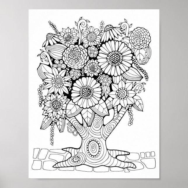 Poster Fantasy Forest Flower Tree Coloring Art (Frente)